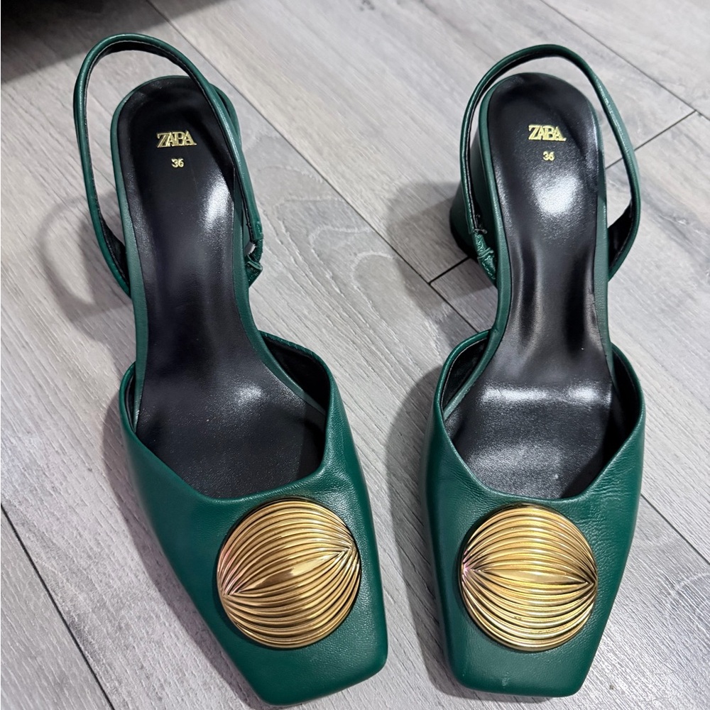 Zara Deep Green Leather Slingback Heels with Gold Medallion
